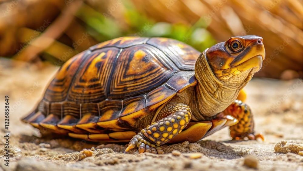 Obraz premium Brown and yellowish-brown box turtle with shell on a sandy background in a desert landscape, Sandy Background, Turtle Species