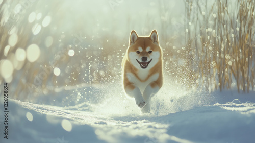 雪の上を嬉しそうに駆け回る芝犬 photo