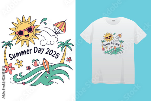 CMYK color separation Summer vector t-shirt design , surfing beach vector photo print , vintage retro beach print design, surfboard with palm tree and typography text.