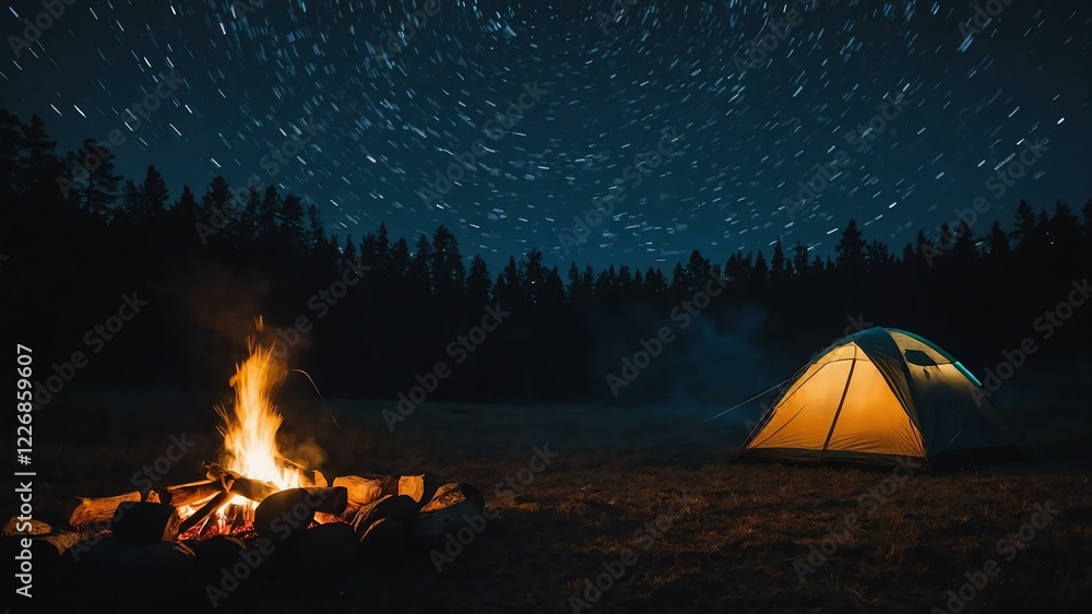 aesthetic black camping tent on a night with bonfire forest background aesthetic black camping tent on a night with bonfire forest background