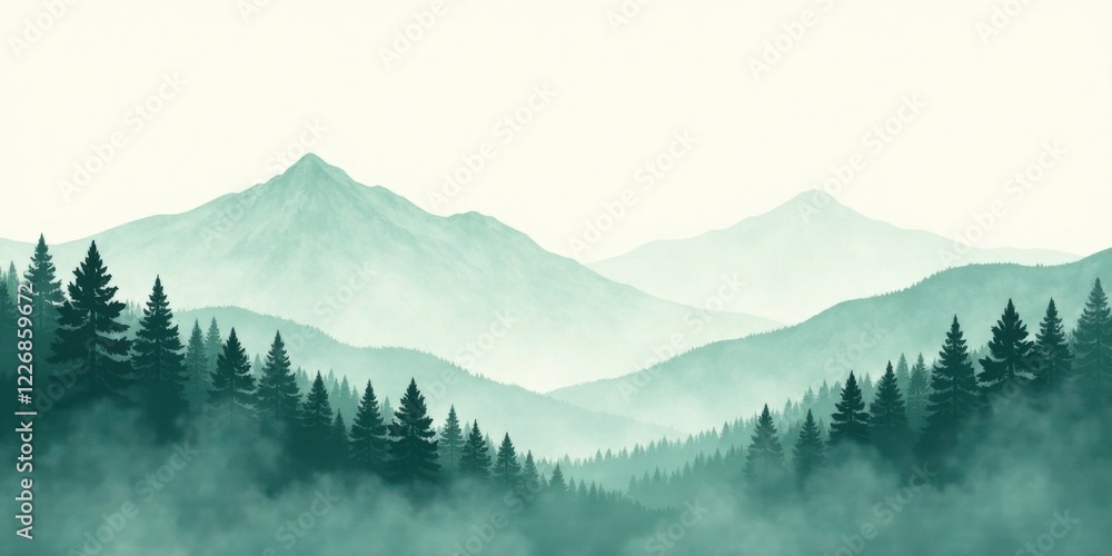 Obraz premium Serene Misty Mountain Range with Silhouetted Evergreen Trees in a Dreamlike Setting