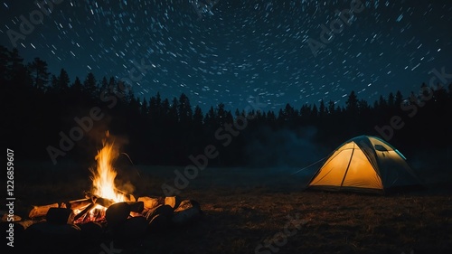 aesthetic black camping tent on a night with bonfire forest background