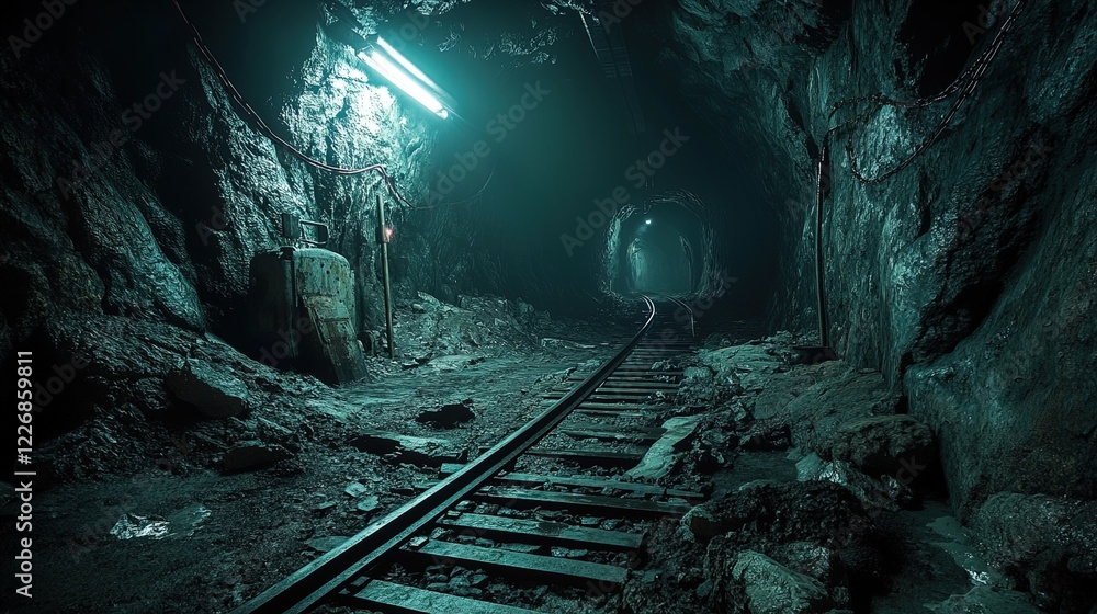 Fototapeta premium Underground mining tunnel with dim lighting, rough rock walls, and tracks leading into darkness