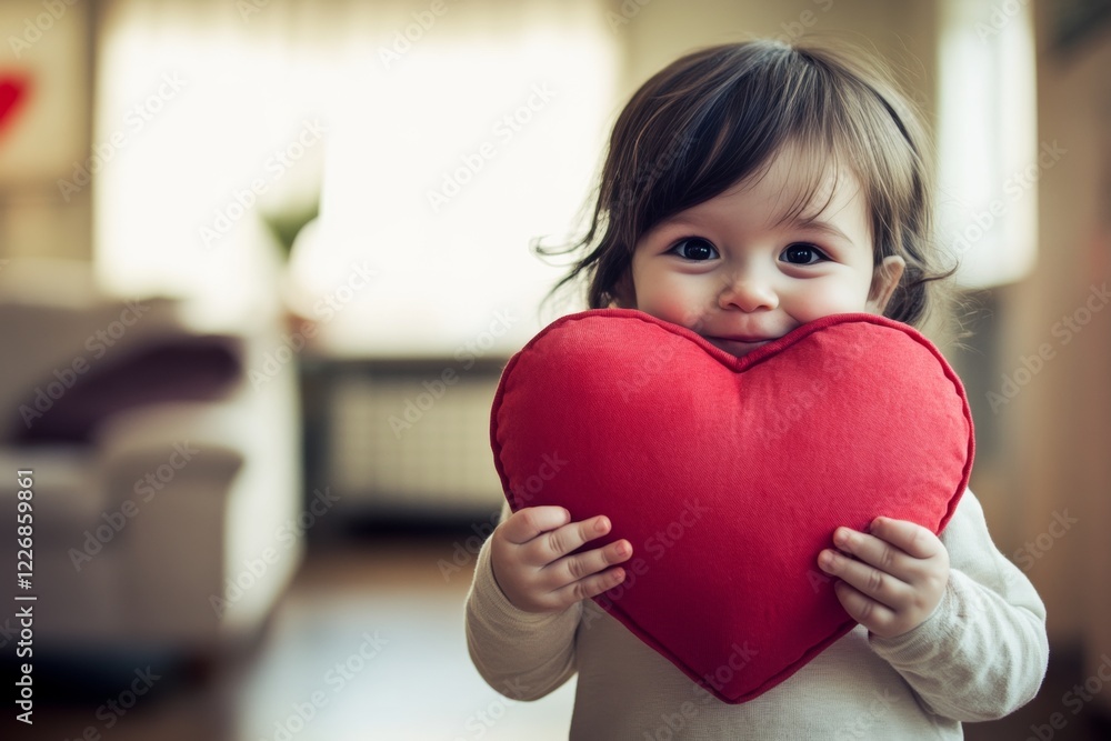 Sign of love. Сhildren valentine's day greeting card: toddler girl with elated face holds red heart in hands. Commercial digital ads concept graphic. February 14 holiday. Family sharing love. Sign of love. Сhildren valentine's day greeting card: toddler girl with elated face holds red heart in hands. Commercial digital ads concept graphic. February 14 holiday. Family sharing love.