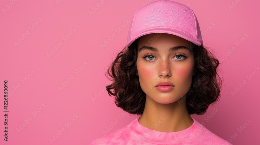 Trendy Fashion Portrait with Pink Hat and Stylish Outfit Against Soft Pink Background Trendy Fashion Portrait with Pink Hat and Stylish Outfit Against Soft Pink Background