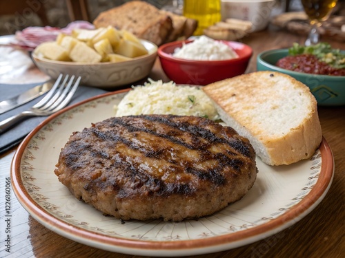 
Pljeskavica is a dish in the form of a round flat cutlet made of minced meat, traditional Pljeskavica is prepared from a mixture of grilled beef and pork and served hot with a side dish, bread, chees photo