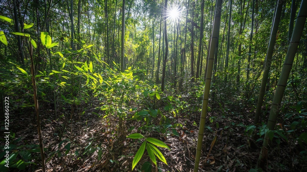 Fototapeta premium Serene Bamboo Forest with Sunlight Filtering Through Tall Stalks in a Peaceful Setting