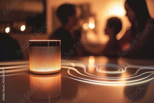 Warm Evening Ambiance. Smart speaker illuminated with warm orange glow creating cozy atmosphere in living room with family silhouettes in background.