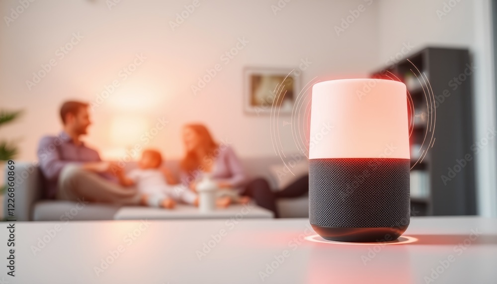Smart speaker alert. A smart speaker glows red, indicating activation, with a family relaxing on a couch in a modern living room background.