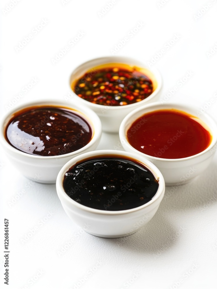 Three traditional Asian sauces in small bowls on a white surface. Three traditional Asian sauces in small bowls on a white surface.