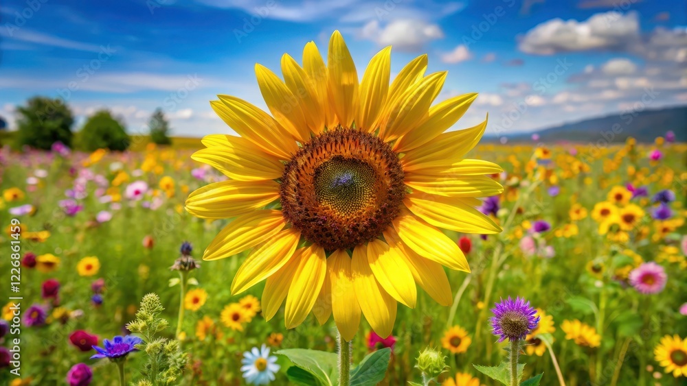 Fototapeta premium A bright yellow sunflower with large petals and dark centers standing tall in a lush green meadow surrounded by colorful wildflowers on a sunny summer day, blooming, summertime