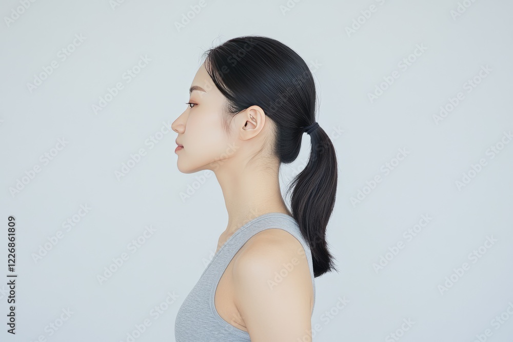 Young Woman Profile Grey Tank Top Ponytail Young Woman Profile Grey Tank Top Ponytail