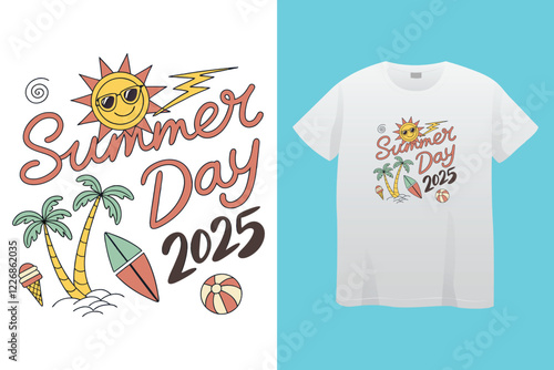 CMYK color separation Summer vector t-shirt design , surfing beach vector photo print , vintage retro beach print design, surfboard with palm tree and typography text.