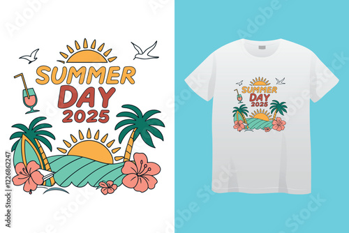 CMYK color separation Summer vector t-shirt design , surfing beach vector photo print , vintage retro beach print design, surfboard with palm tree and typography text.