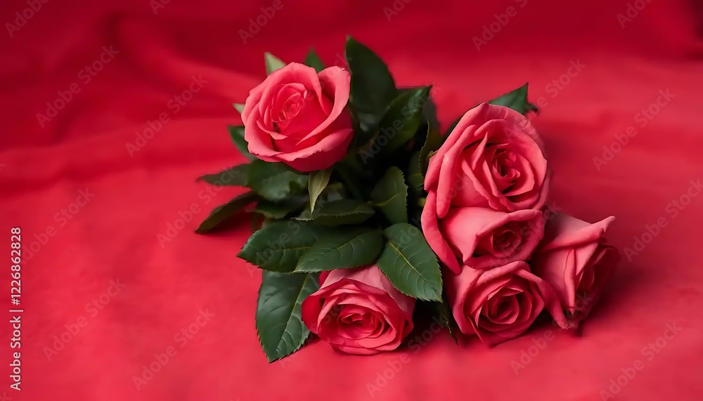 Obraz premium A bouquet of four pink roses rests on a red surface