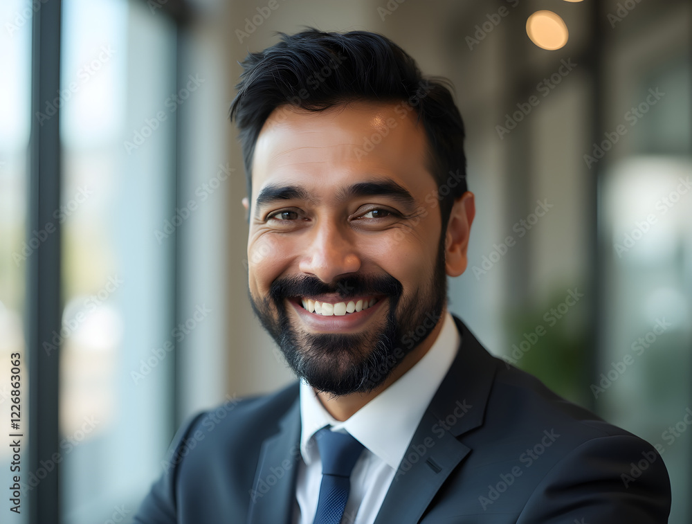 Close-Up of a Middle-Aged Indian Businessman in a Suit Smiling Warmly in Soft Natural Light Close-Up of a Middle-Aged Indian Businessman in a Suit Smiling Warmly in Soft Natural Light