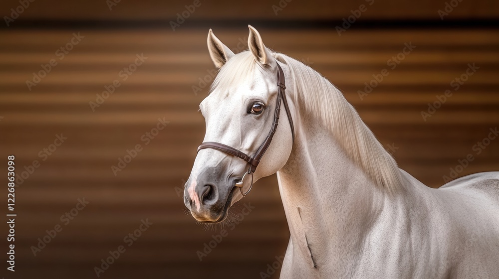 Fototapeta premium Majestic white horse portrait in stable closeup photography