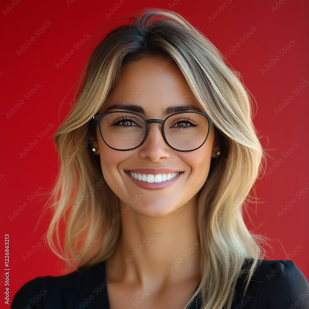 Happy smile businesswoman wearing glasses Blonde hair successful hispanic young business woman smiling confident at camera. Latin middle age female ceo leader on red background businesswoman Happy smile businesswoman wearing glasses Blonde hair successful hispanic young business woman smiling confident at camera. Latin middle age female ceo leader on red background businesswoman