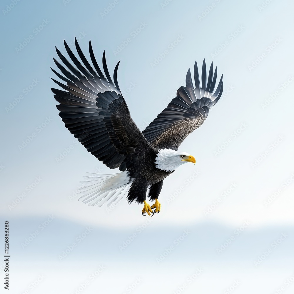 Majestic Bald Eagle in Soaring Flight Over Landscape Majestic Bald Eagle in Soaring Flight Over Landscape