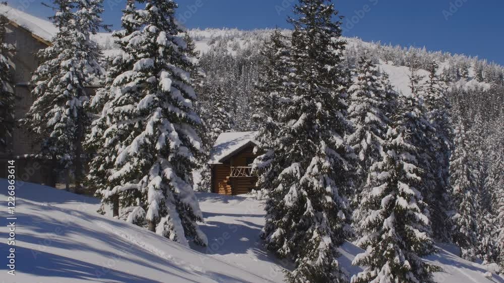 Snow-covered wooden cabin in winter forest Snow-covered wooden cabin in winter forest