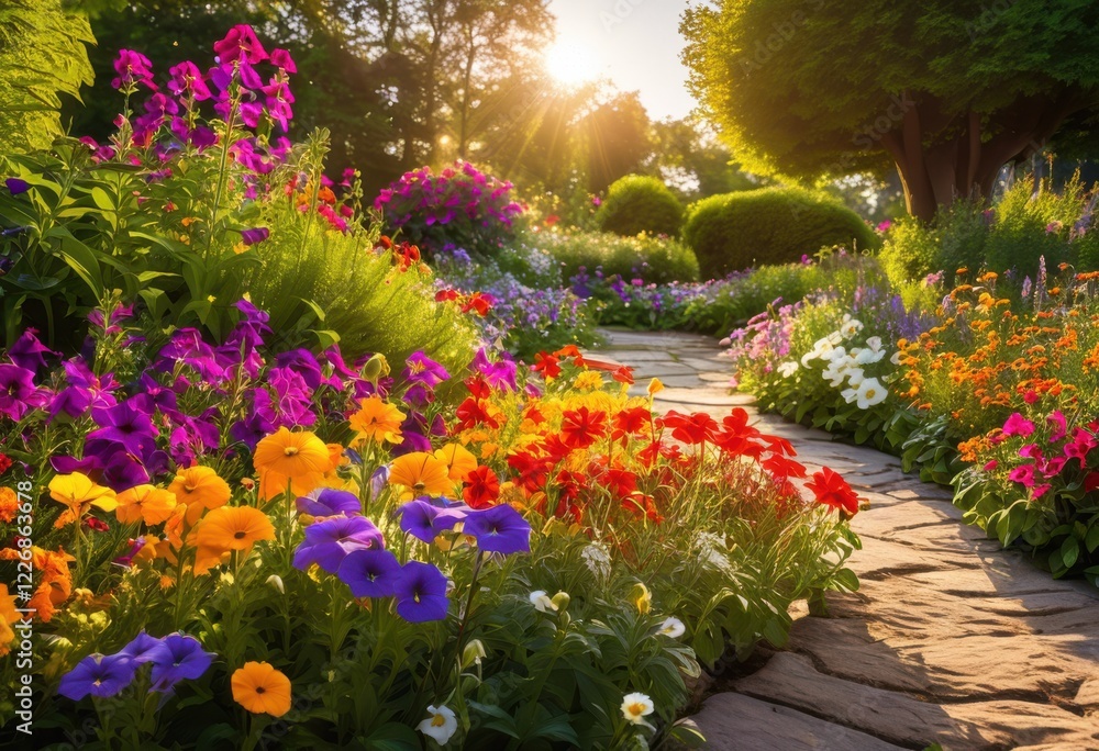 Obraz premium vibrant garden design featuring seasonal diverse colorful plant arrangements stunning visual impact, aesthetics, biodiversity, blossoms, cultivation, eco