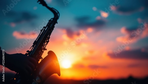 Silhouette of saxophone at sunset with vibrant sky and clouds