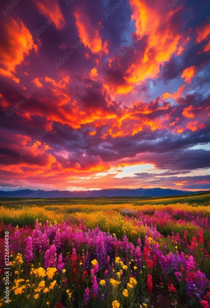 Fototapeta premium vivid seasons capture colorful fields under striking cloud formations showcasing splendor, agriculture, clouds, seasonal, vibrant, landscape, scenery