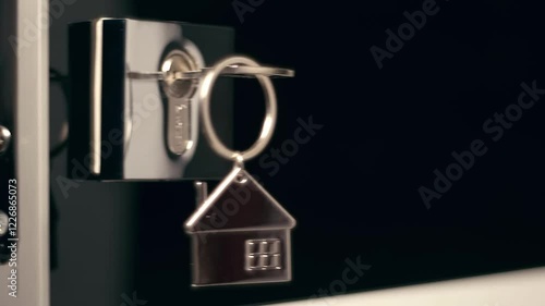 A shiny key with a chrome house keychain is inserted into a door lock. Closeup. Macro. Shot in motion. Shallow depth of field
