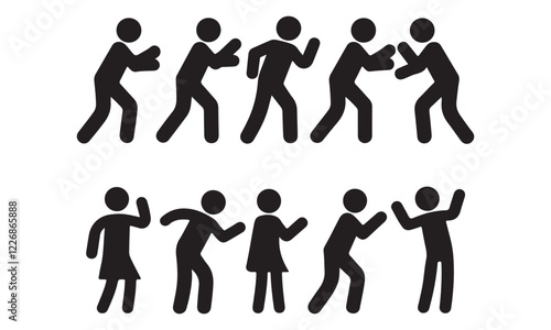 Stick Figure Dance and Fight Icons Set - Black Silhouette Pictograms of People in Motion