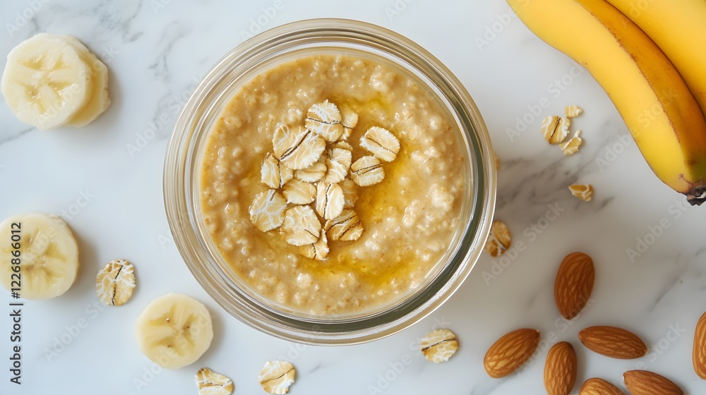 Banana oatmeal with honey and almonds in a glass bowl on a marble background Banana oatmeal with honey and almonds in a glass bowl on a marble background