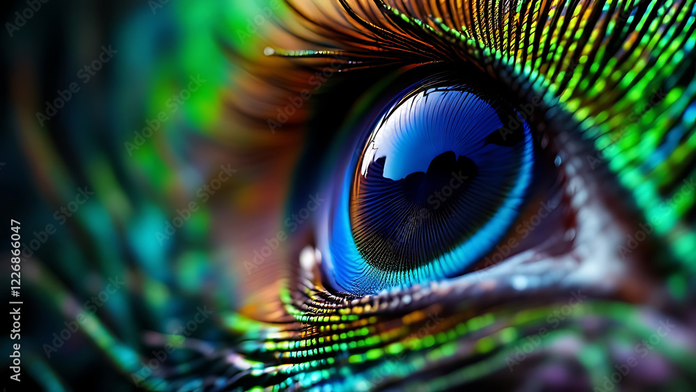 Naklejka premium Eye of a Peacock with an inquisitive mood showcasing vibrant feathers against a dark backdrop.