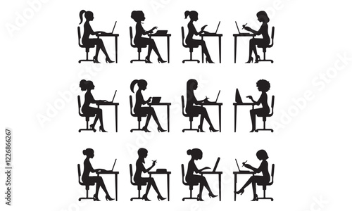 Businesswoman Silhouette Icons - Women Working on Laptops at Desks in Office Environment