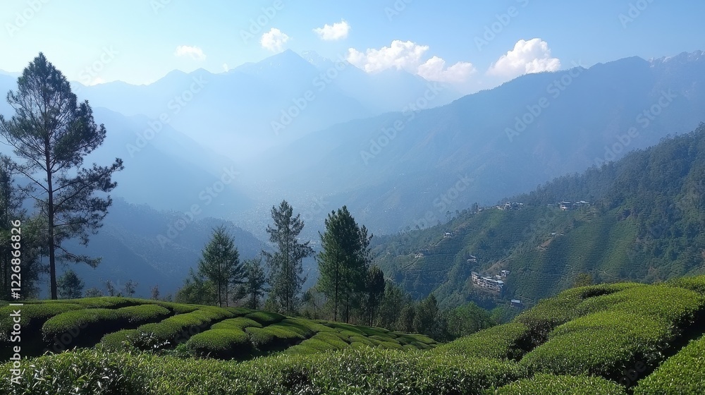 Naklejka premium Scenic Mountain Landscape with Tea Plantations