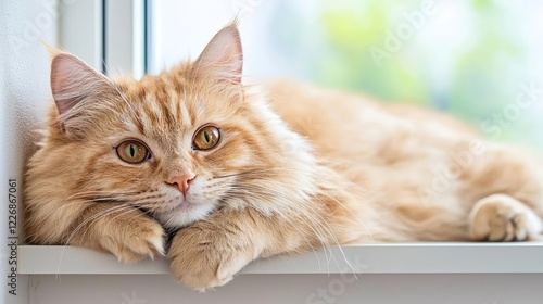 Wallpaper Mural Fluffy ginger cat relaxing on windowsill, garden view Torontodigital.ca