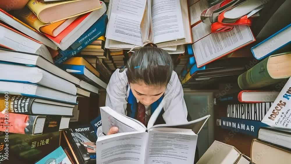 Person reading a book surrounded by many books in a small space Person reading a book surrounded by many books in a small space