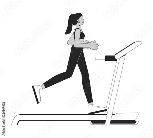 Middle eastern woman running on treadmill black and white 2D line character. Exercise machine. Athletic female wearing leggings top isolated vector outline person. Monochromatic spot illustration