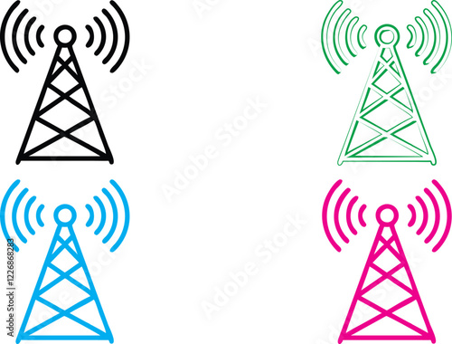 Radio tower icons, simple geometric design, broadcast signals, wireless communication symbols, clean line art, minimalist illustrations, vibrant colors, black green blue pink variations, technology pi