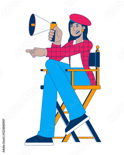 Female film director on chair with megaphone cartoon flat illustration. Movie industry. Filmmaker indian woman directing pose 2D character isolated on white background. Vector colorful image