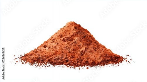 Close-up of a Pile of Reddish-Brown Powder on White Background. Food photography of a finely textured, granular substance, possibl photo