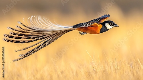 Magnificent longtailed widowbird gliding gracefully over golden grasslands flowing tail feathers creating a dramatic and aweinspiring silhouette photo