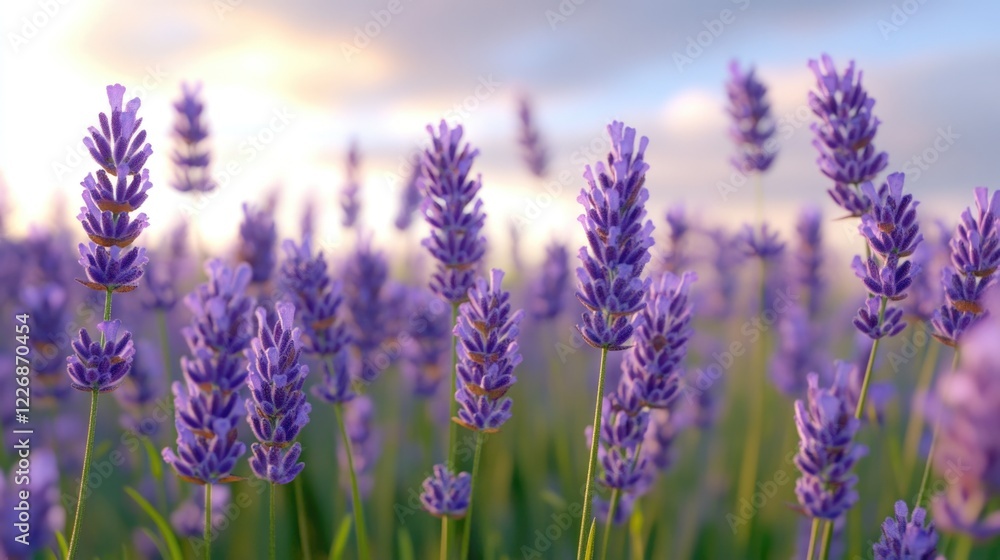 Naklejka premium Lavender field in bloom, summer sunset. Agricultural pasture of purple flowers with tall stems in a serene, idyllic landscape.