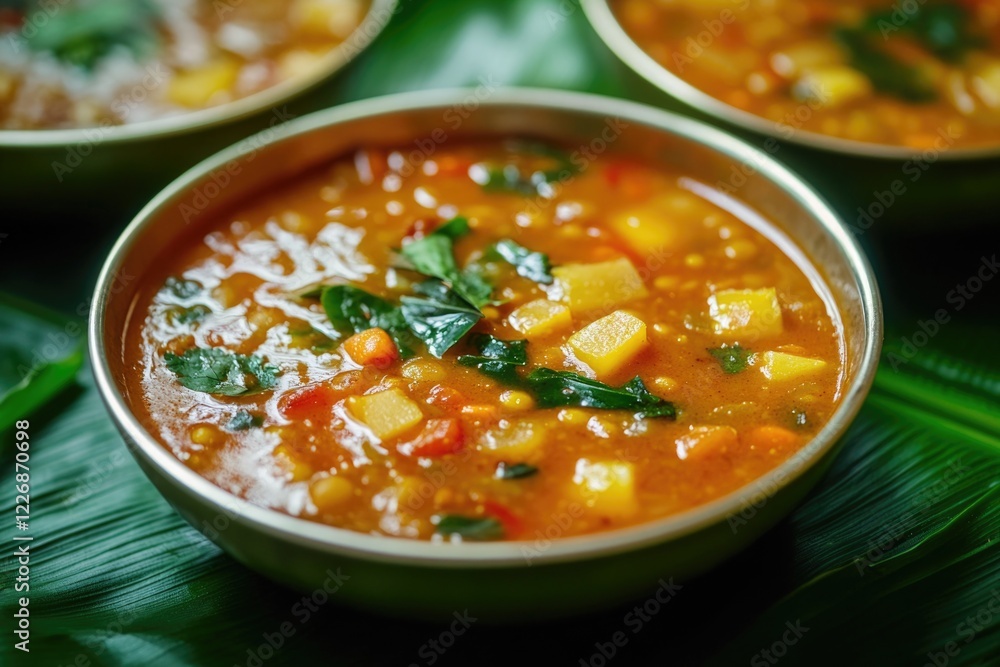 Bowl of colorful vegetable lentil soup, garnished with cumin and coriander leaves. A warm, healthy and flavorful Indian dish. Bowl of colorful vegetable lentil soup, garnished with cumin and coriander leaves. A warm, healthy and flavorful Indian dish.