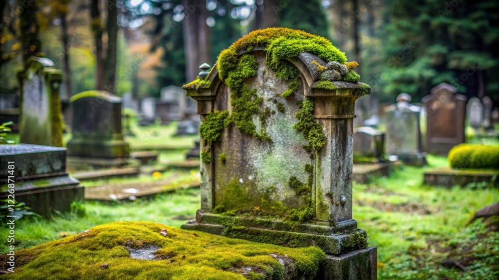 Fototapeta premium Weathered vintage tombstone covered in moss in a tranquil cemetery setting