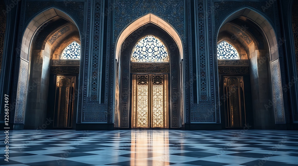 Obraz premium Sunlight illuminating ornate doors in a majestic mosque