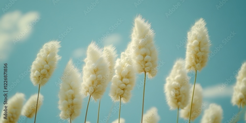 A field of tall, fluffy white flowers with a blue sky in the background. The flowers are scattered throughout the field, with some standing tall and others shorter A field of tall, fluffy white flowers with a blue sky in the background. The flowers are scattered throughout the field, with some standing tall and others shorter