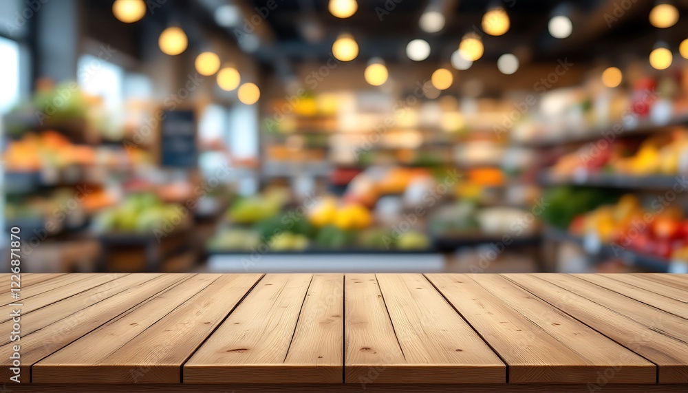 Empty wood table with a blurred supermarket background Empty wood table with a blurred supermarket background