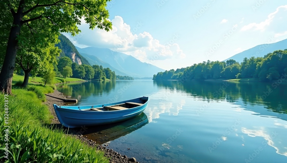 tranquil river landscape with a blue boat moored at the shore, landscape, peaceful, nature tranquil river landscape with a blue boat moored at the shore, landscape, peaceful, nature