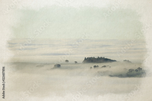 Digital watercolour illustration of a Peak District landscape vignette during a winter sunrise cloud inversion.