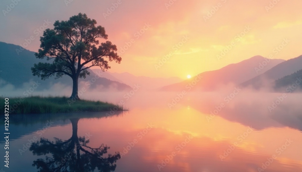Fototapeta premium Serene misty lakeside scene featuring a lone tree at sunrise moment, calm, tranquility