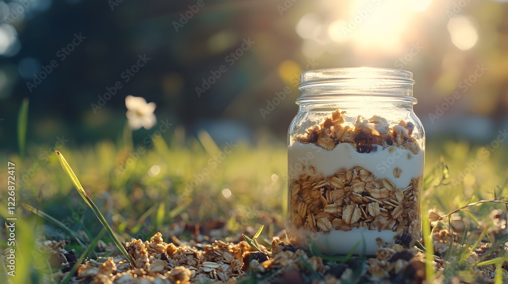 Oatmeal layered with yogurt in glass jar. Oatmeal layered with yogurt in glass jar.